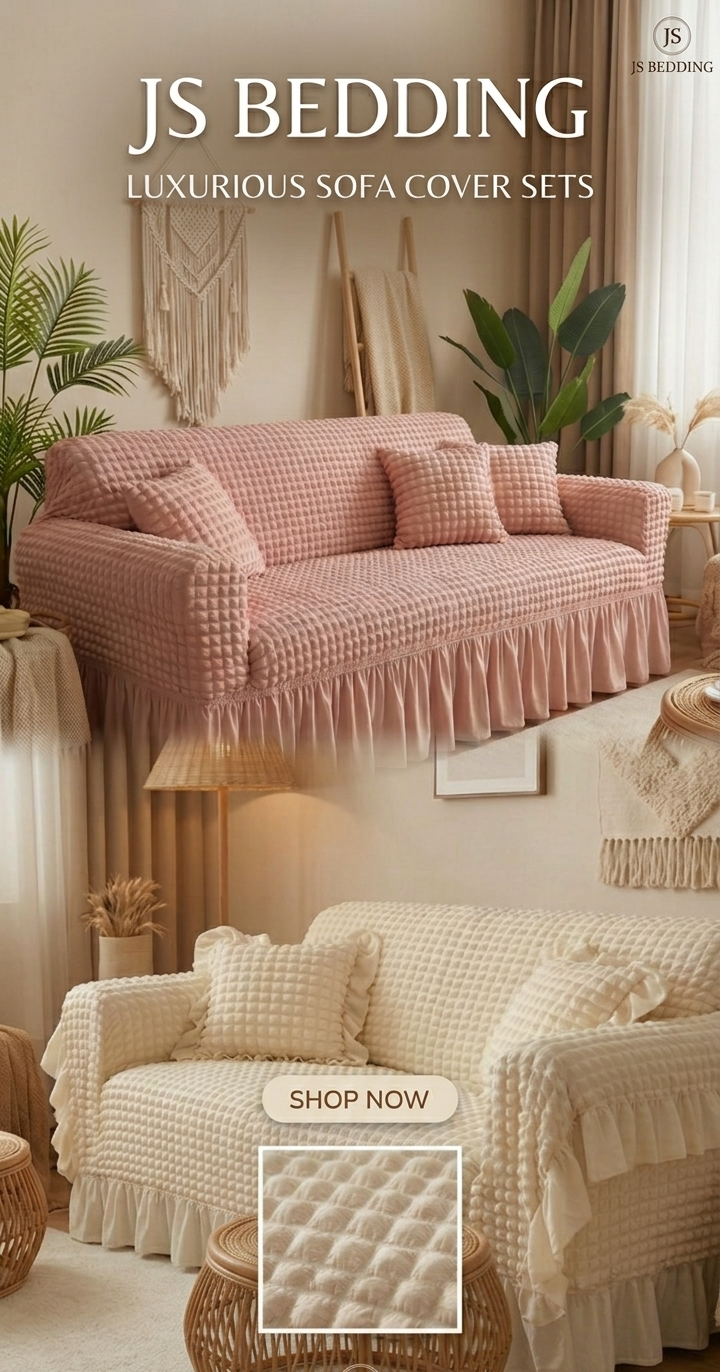 JS Bedding luxurious sofa cover sets with pink and beige covers on sofas in a living room setting.